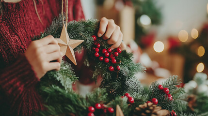 Woman making Christmas wreath, with wooden star and red berries, rustic advent decoration