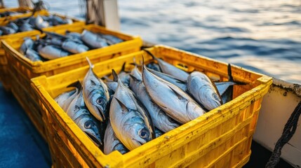 Freshly caught fish stacked in yellow crates on a fishing boat