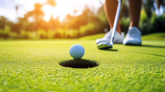 A golfer prepares to putt on a lush green course as the sun sets, creating a perfect scene for golf enthusiasts and nature lovers.