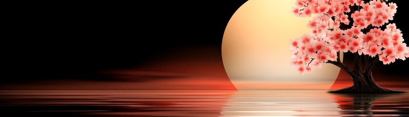 Silhouette of a blooming cherry tree against a glowing orb.