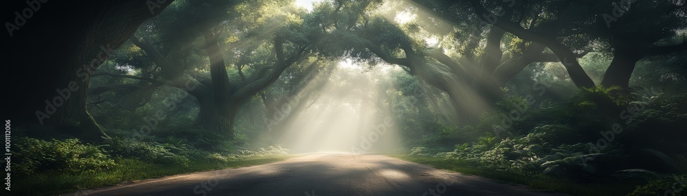 Wall mural sunlight streams through a forest canopy, illuminating a path ahead.