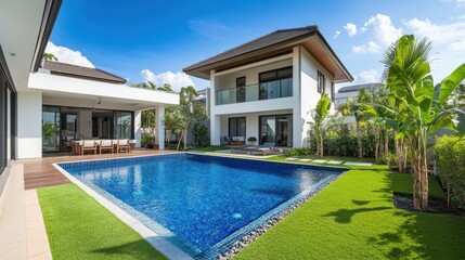 Fototapeta premium A contemporary villa features a sparkling blue swimming pool alongside a vibrant green synthetic lawn with a spacious patio area, surrounded by lush greenery under a clear blue sky
