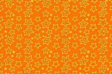 Bright orange background with scattered yellow stars.
