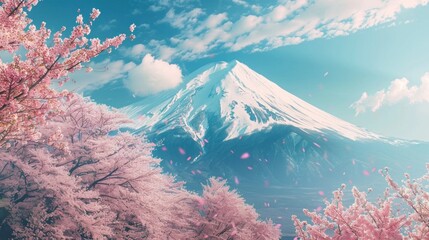 Beautiful view of Mount Fuji with pink cherry blossom trees in full bloom in the foreground