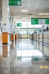 Fototapeta premium A spacious interior of a terminal with check-in counters and directional signs.