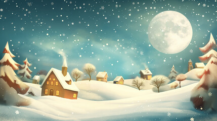 Fototapeta premium Christmas festive illustration, perfect for greeting card and xmas design. Winter night at village, snow and full moon. Colorful Merry Christmas scene. 