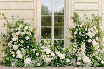 A luxurious wedding backdrop set against a French château, adorned with a blend of flowers, complemented by vibrant green leaves romantic atmosphere for beautiful wedding portraits
