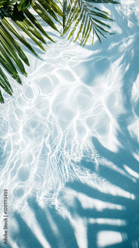 Poster Sun shining through the surface of a swimming pool and creating beautiful light effects with palm tree leaves casting shadows
