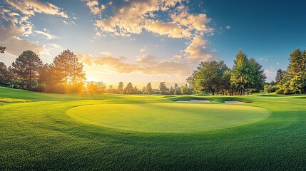 Stunning golf course landscape at sunset, showcasing vibrant greens and a serene sky. Perfect for sports and nature enthusiasts.
