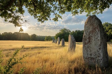ancient standing stones in a golden field