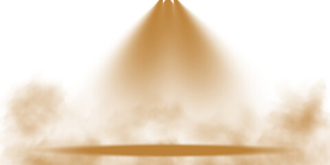 Stage with directional yellow light and light smoke on transparent background, neon light, empty stage and studio room with floating yellow smoke. For product demonstrations. PNG.