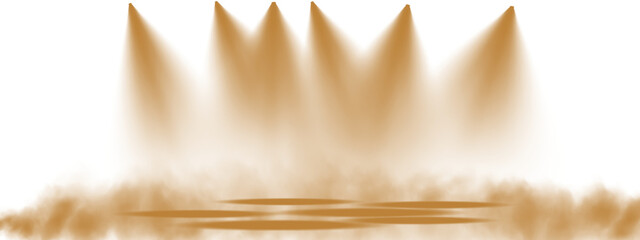 Stage with directional yellow light and light smoke on transparent background, neon light, empty stage and studio room with floating yellow smoke. For product demonstrations. PNG.