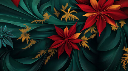 Bright red maple leaves, wavy pattern on a dark green background.