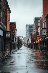 Naklejka premium A deserted urban street on a rainy day with reflections on the wet pavement.