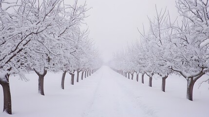Fototapeta premium The snow-covered apple orchard, lined with tall trees that create an archway over the path leading to it