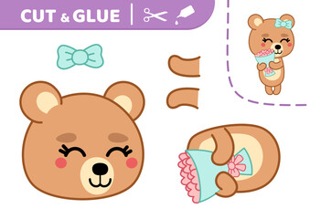 Cut and glue. Bear girl and bouquet of flower. Applique. Paper game. Vector.