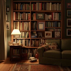 A tidy bookshelf in a cozy study, with rows of novels, framed photos, and a warm lamp illuminating the scene, perfect for a quiet reading nook.