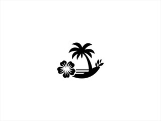  Hawaii beach logo.The logo incorporate elements like palm trees, ocean waves, and a golden sun to represent relaxation and natural beauty. 