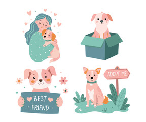 Charming Dog Adoption Art Collection Featuring Loving Owners, Adorable Puppies, and Heartfelt Messages