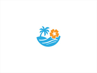 Hawaii beach logo.The logo incorporate elements like palm trees, ocean waves, and a golden sun to represent relaxation and natural beauty. 