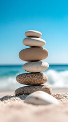 Fototapeta premium Stack of white and brown pebbles is balancing on the sand in front of a blurred seascape