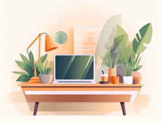 Creative workspace with computer desk, lamp and chair generated AI