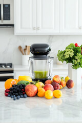  fresh fruits, berries, and vegetables laid out next to a modern blender in the modern kitchen for healthly background
