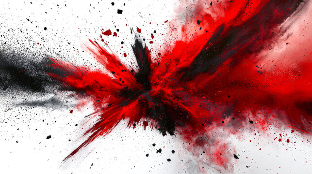 The concept of a bomb explosion on a white background. A red-black explosion with red and black particles and dust. Chaotic abstract background. A dangerous fiery explosion. The idea of destruction