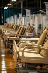 A row of hospital beds in a medical facility, designed for patient care and recovery.