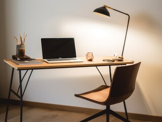Workstation with computer desk, lamp and minimalist chair generated AI