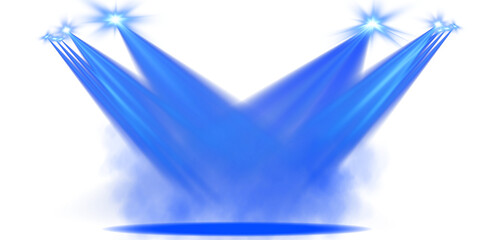 Stage with directional blue light and light smoke on transparent background, neon light, empty stage and studio room with floating blue smoke. For product demonstrations. PNG.