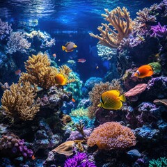 Obraz premium A vibrant reef aquarium with live corals, showcasing the stunning colors and textures of marine life in a captivating underwater environment.