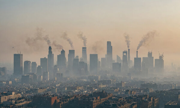Smoke rises from tall buildings in a densely populated city