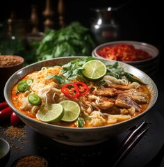 laksa curry, a malaysian cuisine consisting of a spicy, creamy broth loaded with delicious vegetables, crunchy fried wontons, rice noodles garnished with key limes and fresh basil