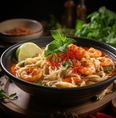 a malaysian cuisine, a malaysian dish called laksa  malaysia; a concoction of spicy coconut noodle soup infused with herbs and spices, fresh ingredients such as prawns, vegetables all in a spicy broth