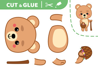 Cut and glue. Bear is searching berries and mushrooms. Applique. Paper game. Vector