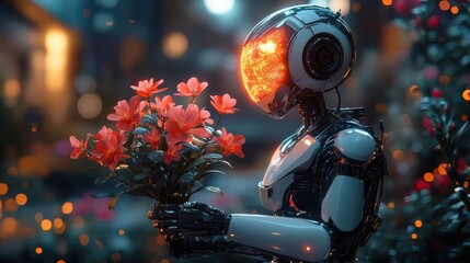 Futuristic Robot Walking City Streets at Night