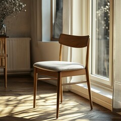 A wooden chair placed by a large window, bathed in natural light, with a cushion adding a pop of color to the simple design.