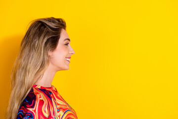 Side profile photo of young blonde hair charming woman wear colorful shirt looking empty blank...