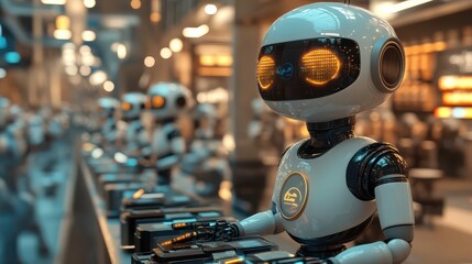 Fototapeta premium Robots in Assembly Line Factory Setting with Industrial Automation Atmosphere.
