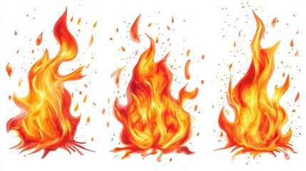 Set of burning fires of flames and sparks on white background