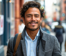 Fototapeta premium Vibrant Young Hispanic Businessman Smiling Confidently in Urban Street Setting, Embodying Professional Success and Optimism in the City