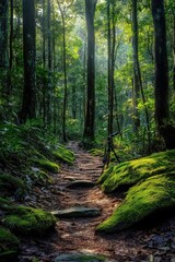 Obraz premium Lush green forest path with mossy rocks and sunlight