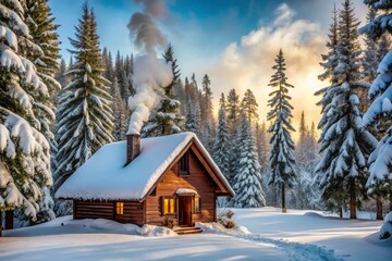 Naklejka premium Cozy cabin in the snow with smoke coming from the chimney and trees. Banner, background for winter, holidays, Christmas