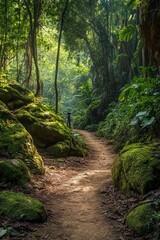 Obraz premium Lush green forest path with mossy rocks and tropical foliage