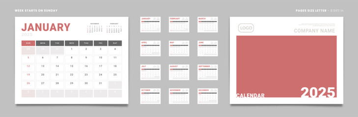 Set of 2025 Pages Monthly Calendar Planner Templates, Cover with Place for Photo, Company Logo. Vector pages for wall or desk calendar with 2 weekend. Page size Letter -8.5x11 in. Week start Sunday