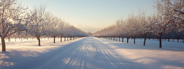 The snow-covered apple orchard, lined with tall trees that create an archway over the path leading to it