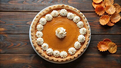 Fototapeta premium Pumpkin pie topped with whipped cream surrounded by autumn leaves.