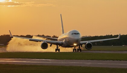 A plane is taking off from a runway at sunset 2