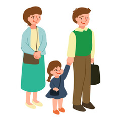 おでかけをする3人家族のイラスト